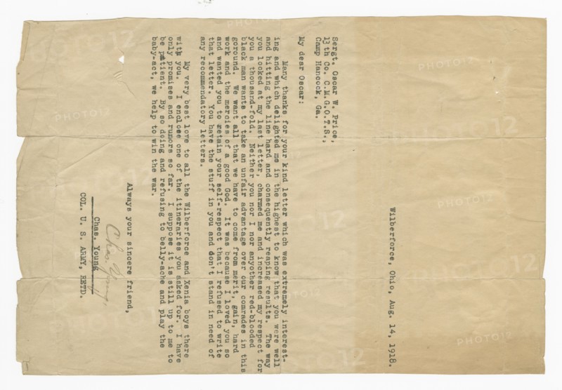 Letter to Oscar W. Price from Colonel Charles Young, August 14, 1918. Creator: Unknown.