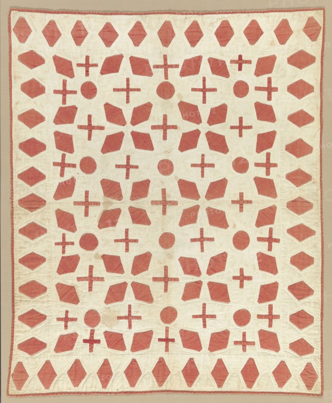 Cream and red appliqued quilted bedcover, ca. 1850. Creator: Unknown.