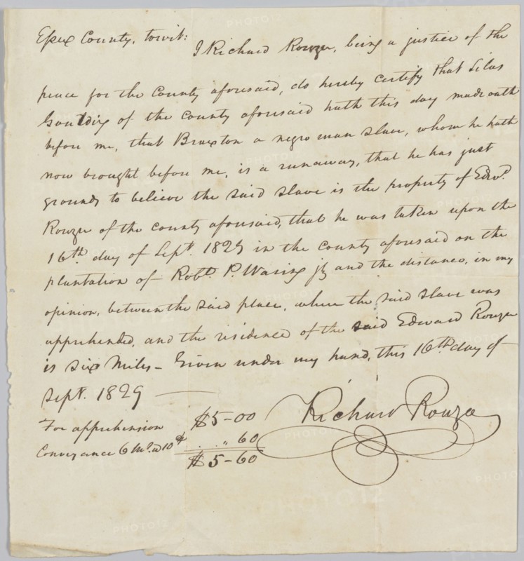 Payment receipt for apprehending Braxton, property of Edward Rouzee, September 16, 1829. Creator: Unknown.