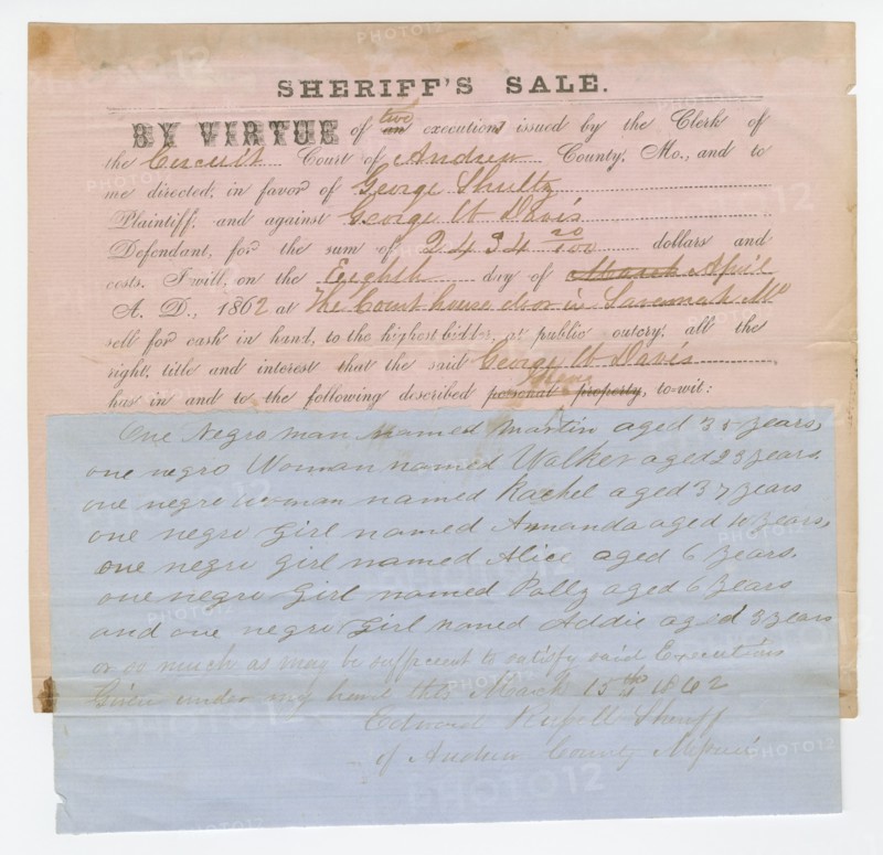 Notice of an impending sheriff's sale of 7 enslaved persons, March 15, 1862. Creator: Unknown.