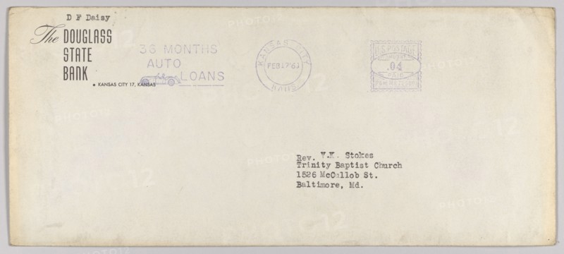 Envelope for letter from H.W. Sewing for Daisy Bates Trust Fund, Feb 17, 1960. Creator: Unknown.