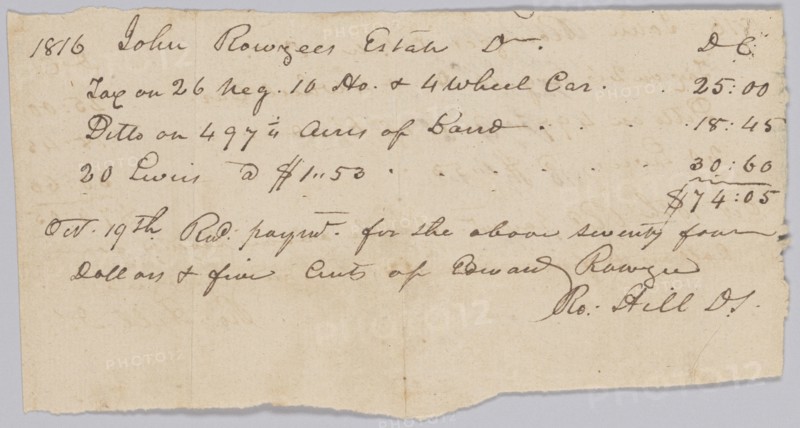 Record of taxes on property, including enslaved persons, owned by John Rouzee, October 19, 1816. Creator: Unknown.