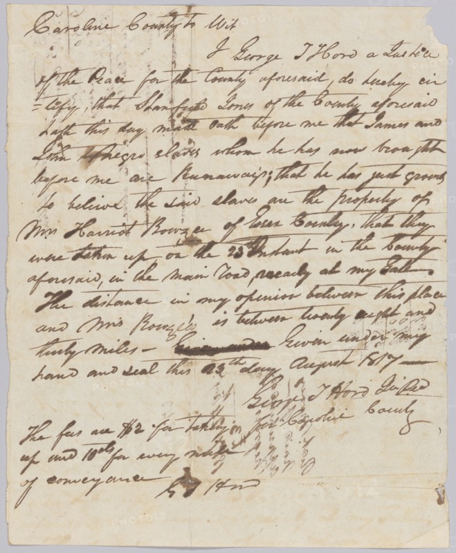 Affidavit of apprehension of James and John, property of Harriot Rouzee, August 23, 1817. Creator: Unknown.