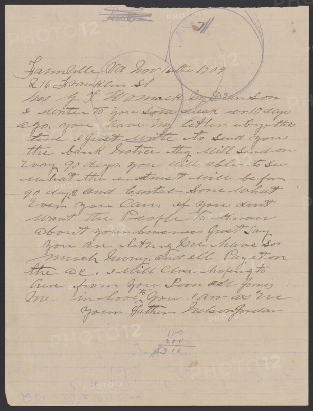 Letter from Nelson Jordan to Julia Womack with an envelope, November 16, 1909. Creator: Nelson Jordan.