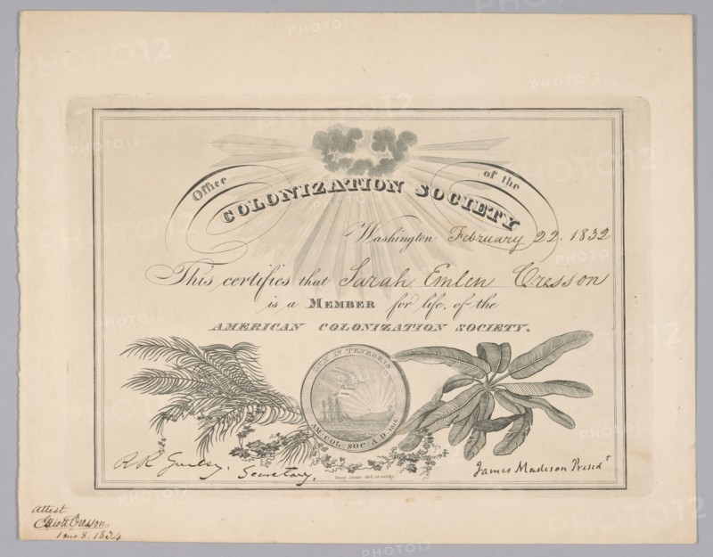 Membership certificate to the American Colonization Society, February 22, 1832. Creator: Unknown.
