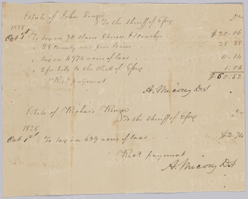 Record of taxable property, including enslaved persons, owned by Rouzee estates, October 1, 1828. Creator: Unknown.