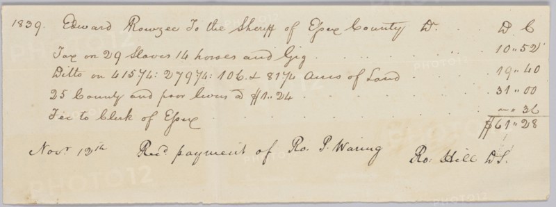 Record of taxes on property, including enslaved persons, owned by John Rouzee, November 12, 1839. Creator: Unknown.