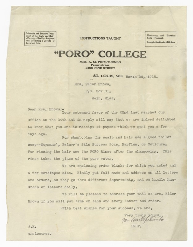 Letter to Lucille Brown from Annie Malone Pope-Turnbo, March 25, 1915. Creator: Unknown.