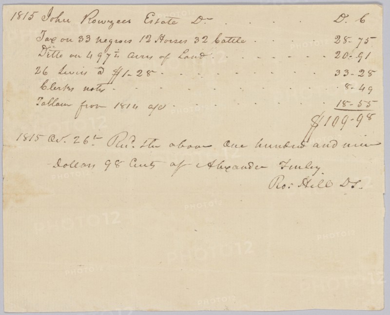 Record of taxes on property, including enslaved persons, owned by John Rouzee, October 26, 1815. Creator: Unknown.