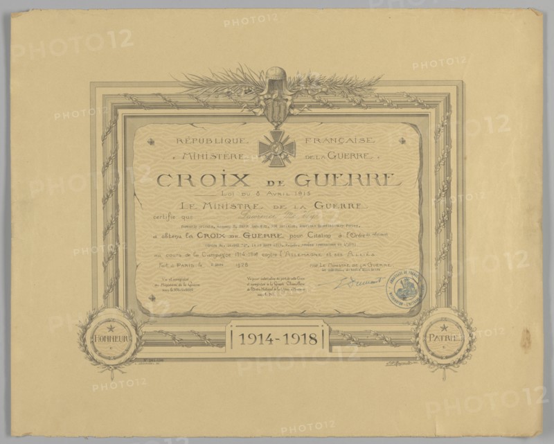 Certificate for French Croix de Guerre medal issued to Cpl. Lawrence L. McVey, March 2, 1928. Creator: Unknown.
