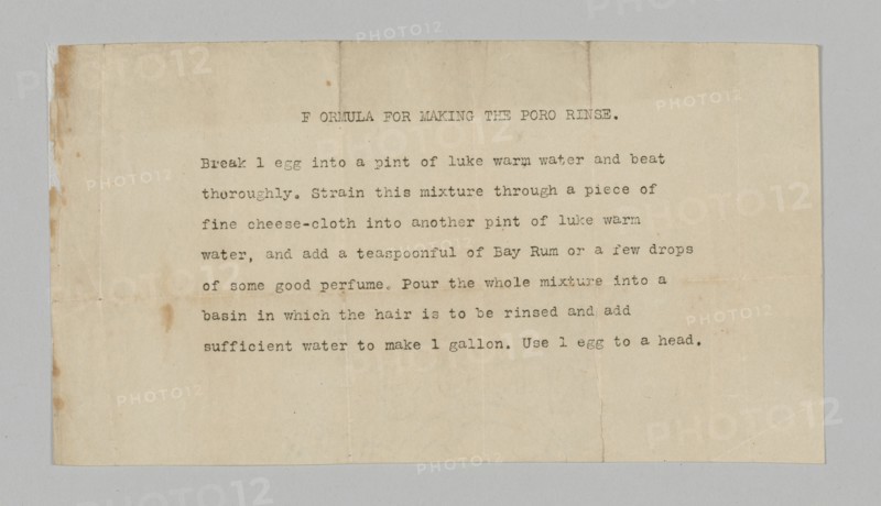 Typewritten formula for Poro hair rinse, 1915-1953    . Creator: Unknown.