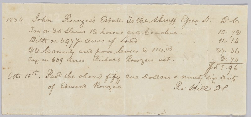 Record of taxes on property, including enslaved persons, owned by John Rouzee, October 10, 1834. Creator: Unknown.