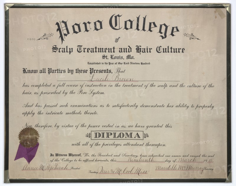 Diploma issued to Lucille Brown from Poro College, March 19, 1915. Creator: Unknown.