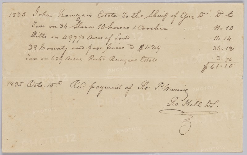 Record of taxes on property, including enslaved persons, owned by John Rouzee, October 15, 1835. Creator: Unknown.