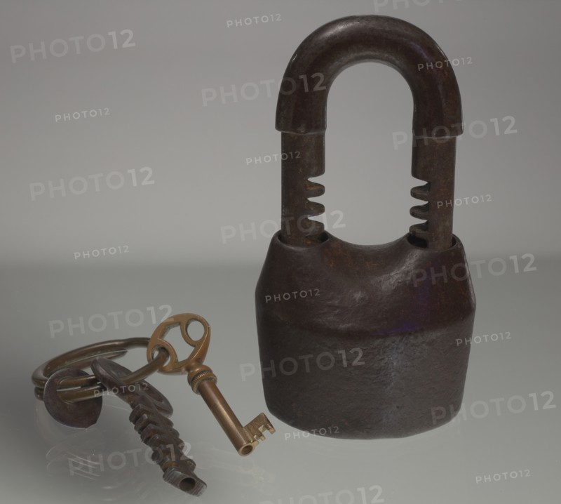Iron lock and set of keys owned by members of the Ellis family, late 19th-early 20th century. Creator: Unknown.