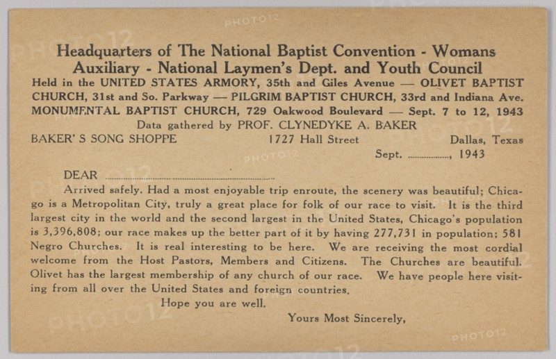 Form letter for National Baptist Convention in Chicago, 1943. Creator: Unknown.