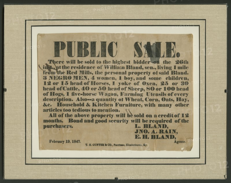 Broadside for the sale of enslaved persons and other property of William Bland, 1847. Creator: Unknown.