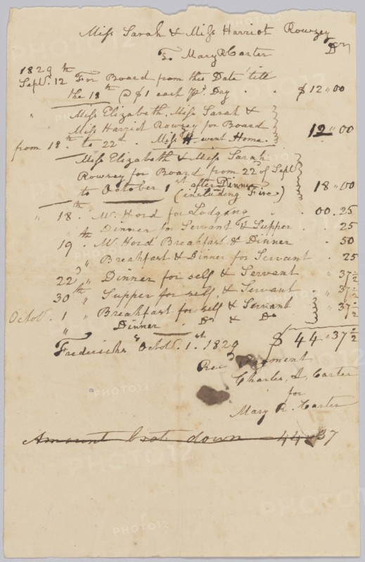 Invoice and receipt for room and board of Sarah and Harriet Rouzee and "servant", October 1829. Creator: Unknown.