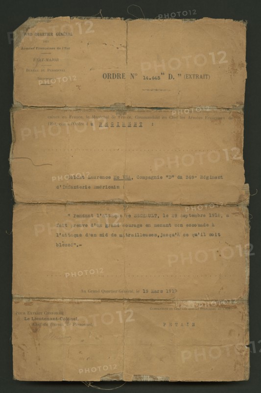 Order of Commendation from the Commander of the French Armies of the East, March 19, 1919. Creator: Unknown.