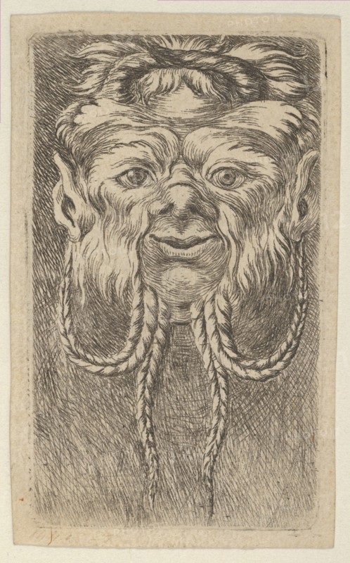 Satyr Mask with Overlapping Horns and Four Braided Strands of Beard, from Divers Ma..., ca. 1635-45. Creator: Francois Chauveau.