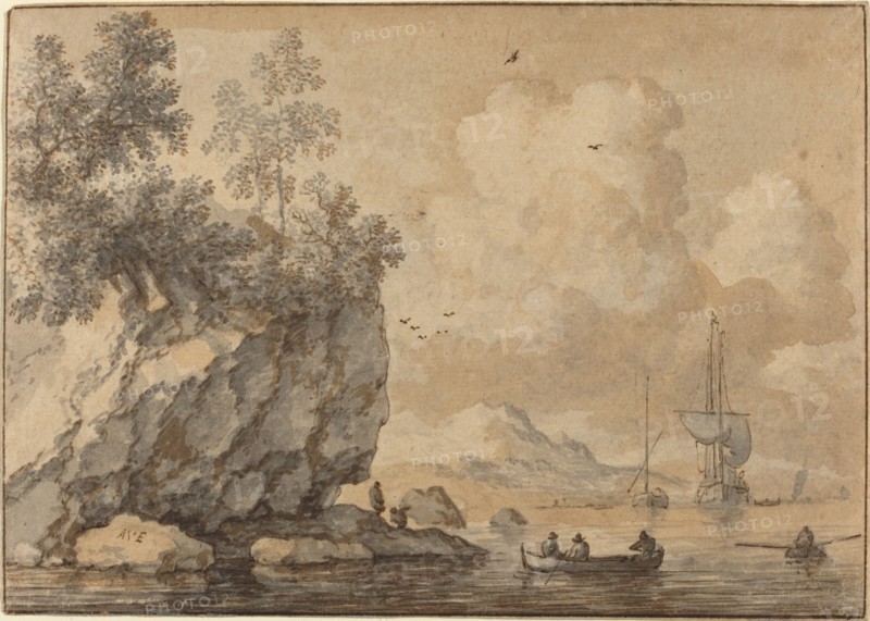 Figures in Rowing Boats in a Rocky Cove, Sailing Ships Beyond. Creator: Allart van Everdingen.