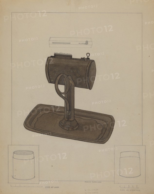 Lamp and Tallow Strainer, c. 1936. Creator: Marie Famularo.