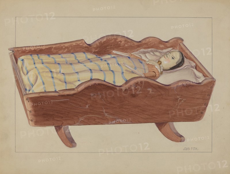 Pa. German Cradle with Doll & Coverlet, 1935/1942. Creator: John Fisk.