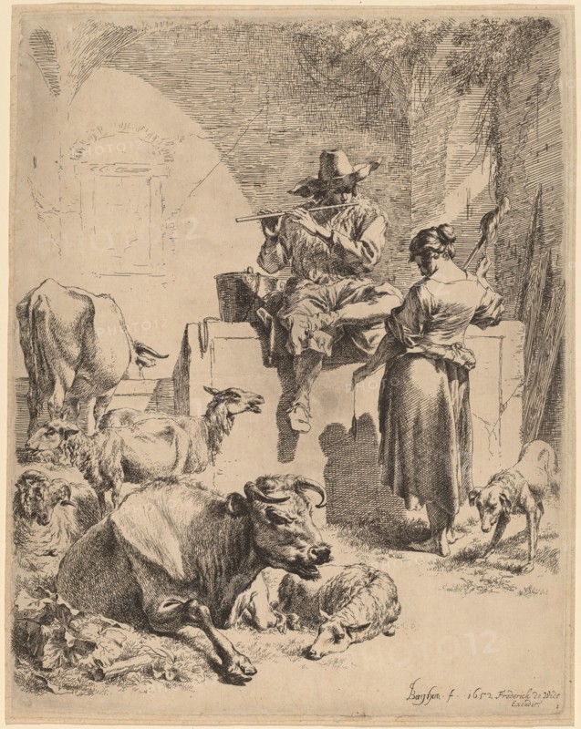 The Shepherd Seated on a Fountain and the Spinner, 1652. Creator: Nicolaes Berchem.