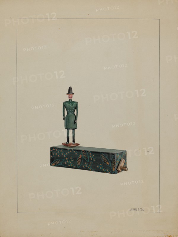 Toy - Man on Music Box, c. 1936. Creator: John Fisk.