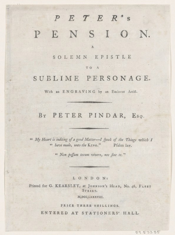 Title page, from Peter's Pension by Peter Pindar, Esq., 1787. Creator: George Kearsley.