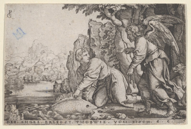 Tobiolus Catches the Fish, from The Story of Tobias, 1543. Creator: Georg Pencz.