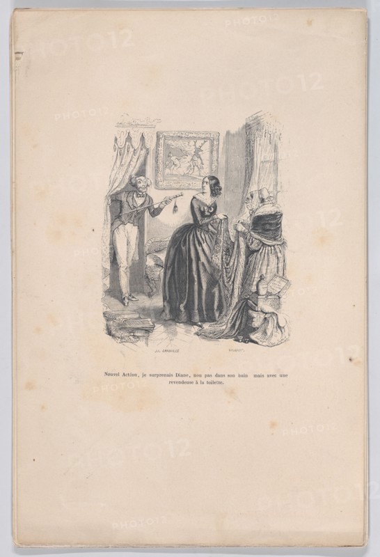 As the new Actaeon, I surprised Diana, not in her bath but with a dealer in the bathroom. ..., 1843. Creators: Jean Ignace Isidore Gerard, Brugnot.