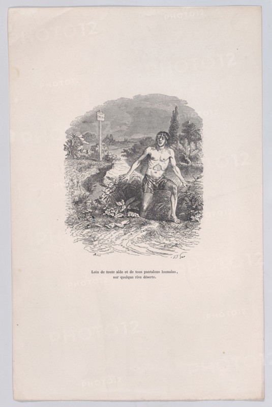 Away from all help and without pants, on some deserted shore from the Little Miseries of H..., 1843. Creator: Jean Ignace Isidore Gerard.
