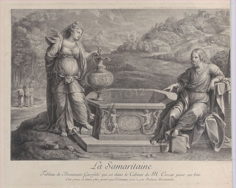 Christ, seated at right, and the woman of Samaria, who stands at left, ca. 1729. Creator: Frédéric Horthemels.