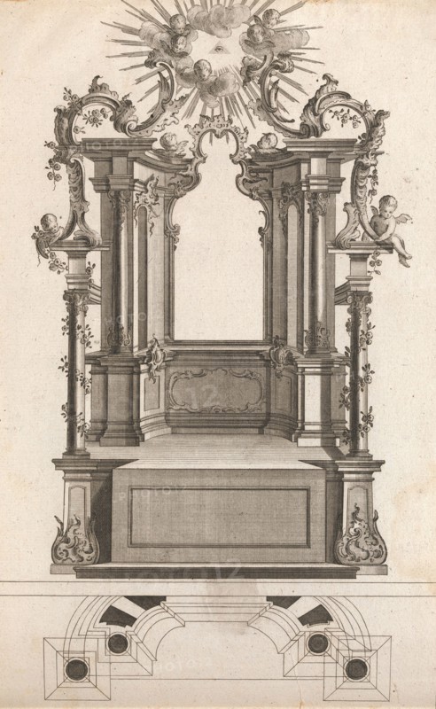 Design for a Monumental Altar, Plate 'o' (?) from 'Unterschiedliche Neu Inv..., Printed ca. 1750-56. Creator: Jacob Gottlieb Thelot.