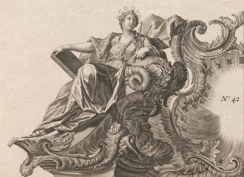 Design for a Rocaille Cartouche with the Figure of Prudentia, Plate 1 from ..., Printed ca. 1750-56. Creator: Jacob Gottlieb Thelot.