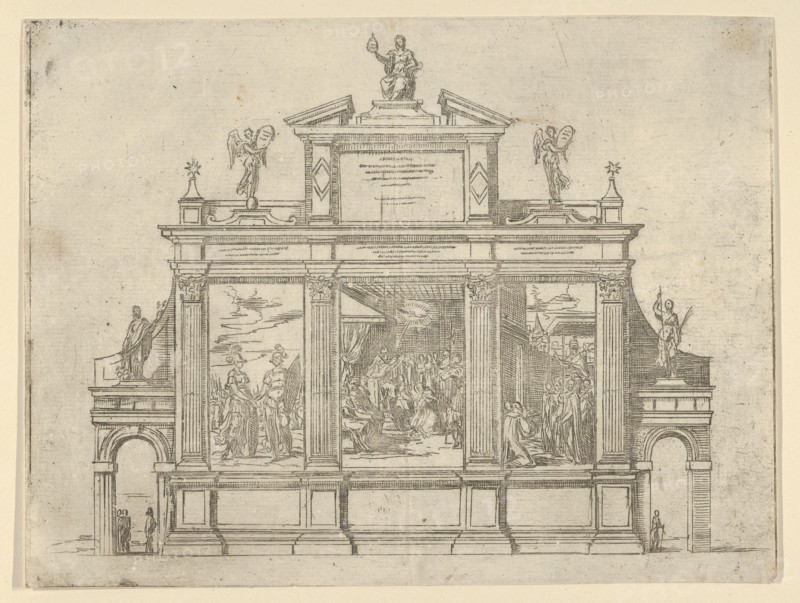 Facade of a triumphal monument with three scenes depicting deeds of Pope Clement VIII, a t..., 1598. Creator: Guido Reni.