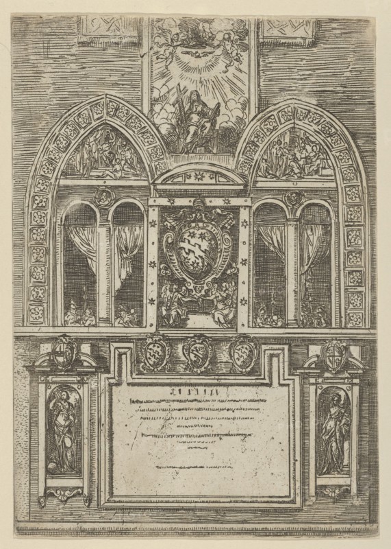 Facade of the Palazzo del Senato in Bologna with the Papal arms at center, with temporary ..., 1598. Creator: Guido Reni.