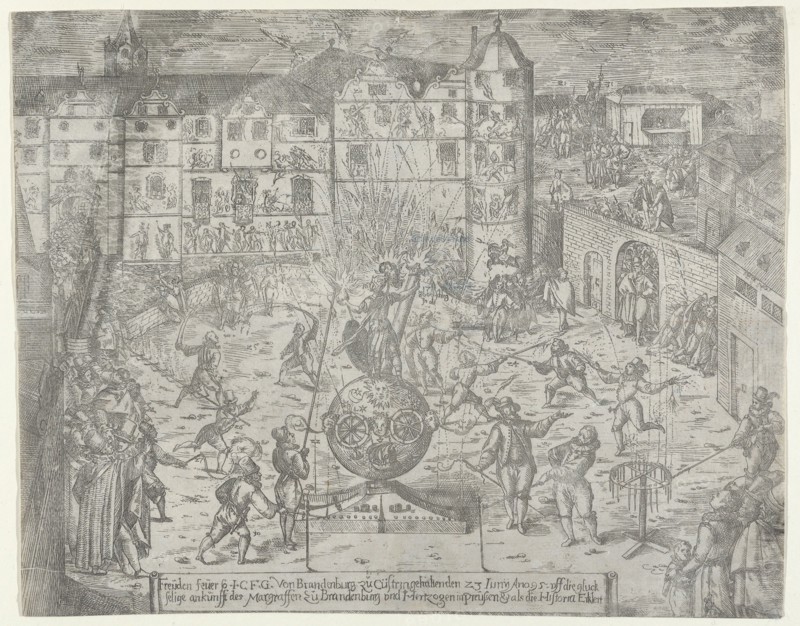 Fireworks on June 23, 1595, for the entry to Küstrin of the Margrave of Brandenburg and Du..., 1595. Creator: Georg Keller.