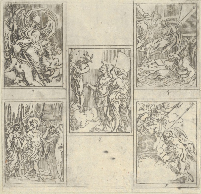 Five numbered scenes, each after a painter in the Accademia Degl'Incamminati, from IL FUNE..., 1603. Creator: Guido Reni.