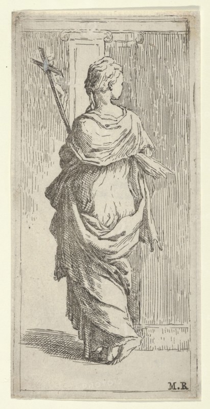 Girl carrying a crucifix and stepping toward a pilaster, seen from behind, ca. 1590-1600. Creator: Guido Reni.