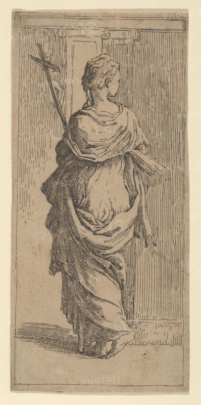 Girl carrying a crucifix and stepping toward a pilaster, seen from behind, ca. 1590-1600. Creator: Guido Reni.