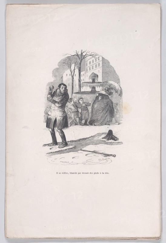 He gets up, covered from head to toe in snow. from the Little Miseries of Human Life, 1843. Creator: Jean Ignace Isidore Gerard.