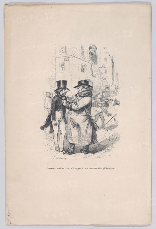 I tried to escape from this philological discussion. from the Little Miseries of Human Lif..., 1843. Creator: Jean Ignace Isidore Gerard.