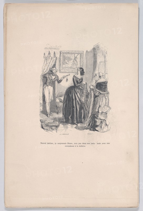 New Actaeon, I surprised Diana, not in her bath but with a dealer in the bathroom. from th..., 1843. Creators: Jean Ignace Isidore Gerard, Brugnot.