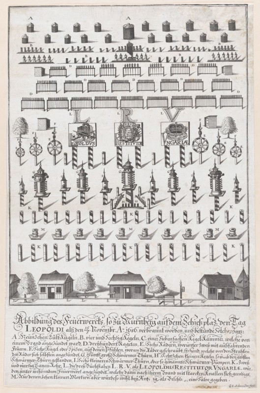 Plan for the fireworks display in honor of Emperor Leopold, Nuremberg, November 15, ..., after 1686. Creator: G. I. Schneider.