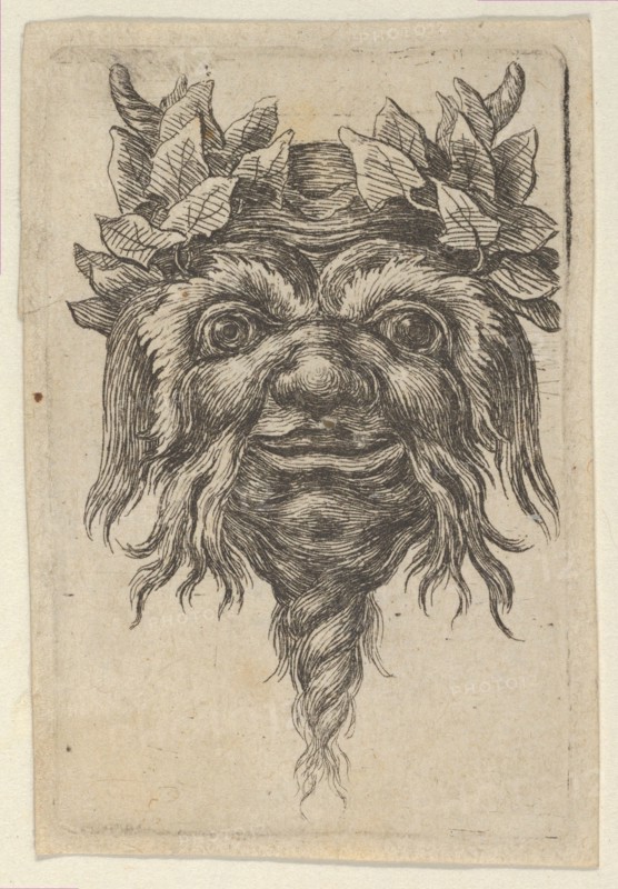 Satyr Mask with a Spiral-Shaped Beard and Ivy Grouped Around Each Horn, from Divers..., ca. 1635-45. Creator: Francois Chauveau.