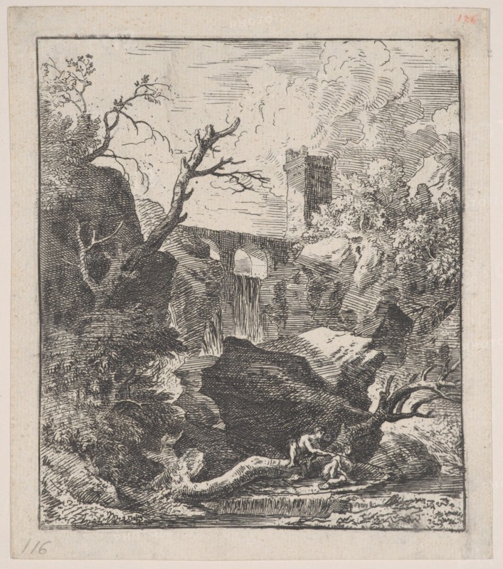 Plate 2: two figures sitting on a tree trunk on the bank of a stream in foreground,..., ca. 1700-25. Creator: Franz Joachim Beich.