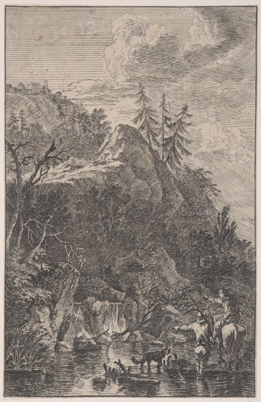 Plate 5: female figure on horseback and a male figure with a dog standing in a stre..., ca. 1700-25. Creator: Franz Joachim Beich.