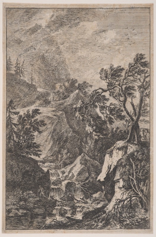 Plate 6: two male figures standing on a rock at right, a waterfall at center with a..., ca. 1700-25. Creator: Franz Joachim Beich.